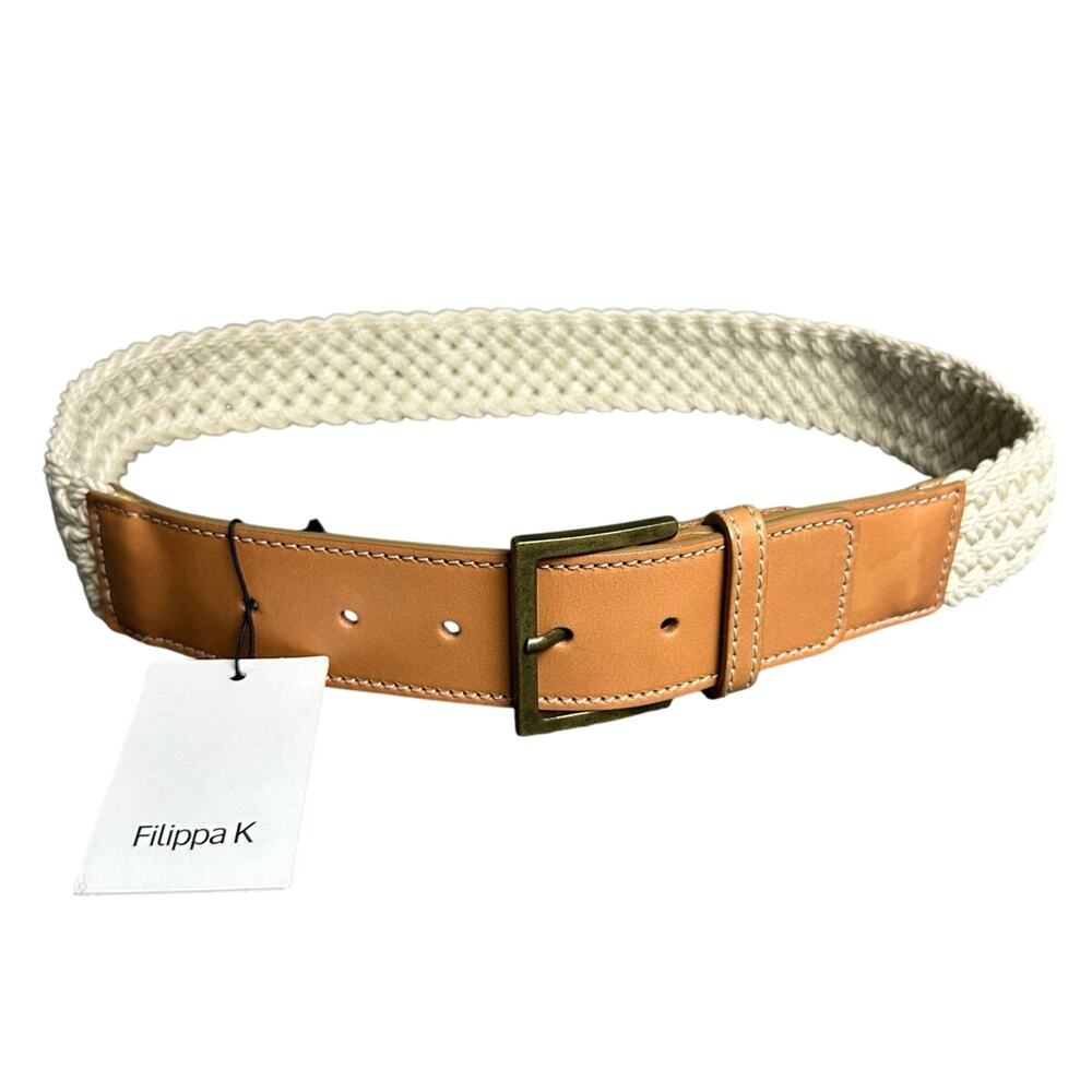 Filippa K Sweden white woven nautical tan leather trim belt L made in Italy NWT